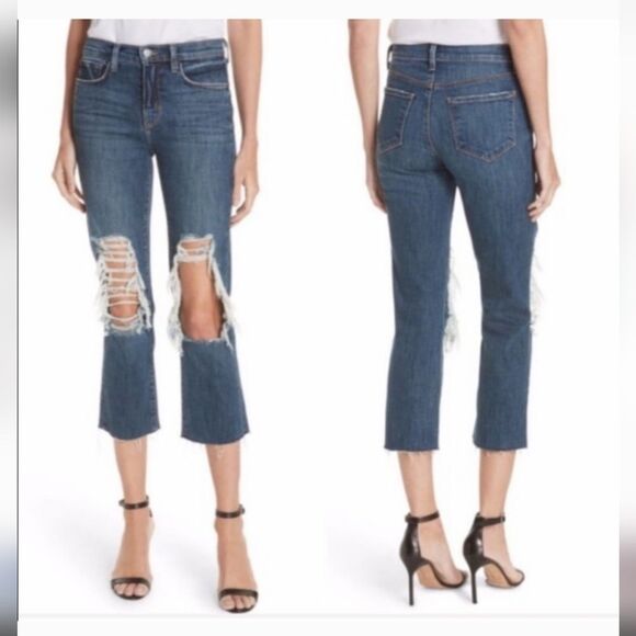 L'AGENCE Woman's Jordan High Rise Crop Straight Distressed Jeans Size 23 - Picture 3 of 14